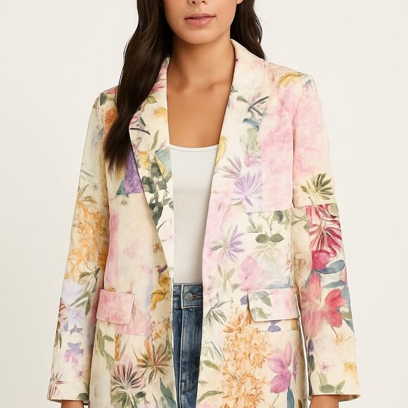 VICI Women's Sundew Multicolor Bird & Floral Print Patchwork Blazer Jacket Large - Picture 1 of 10
